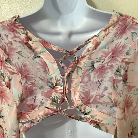 Miss Avenue Pink Feminine Girly Romantic Boho Hippie Tropical Tied Blouse Medium - Picture 7 of 12